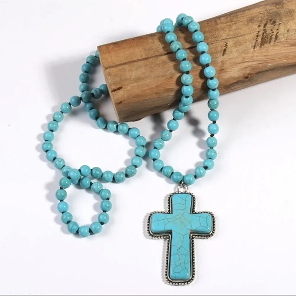 Anthropologie Turquoise Natural Stone Beads Bohemian Western Cross Necklace - Picture 7 of 12